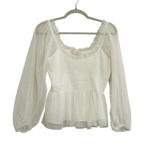 Leela & Lavender White Swiss Dot Mesh Smocked Peplum Top Long Sleeve‎ Romantic